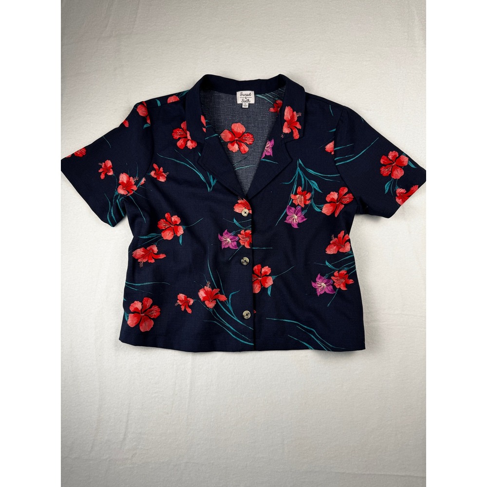 Sunset & Sixth Navy Blue Tropical Hibiscus Floral Button Up Blouse Large